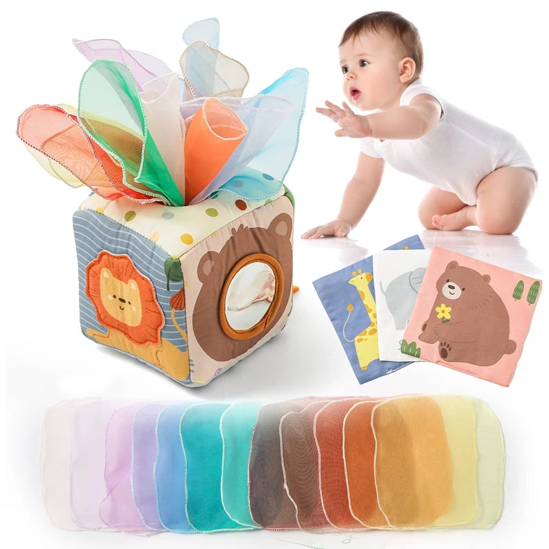Montessori Baby Tissue Box Sensory Toy – Crinkle, Pull & Learn Play Cube - Jordilair