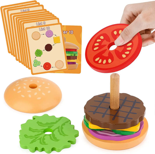 Montessori Burger or Sandwich Stacking Game – Wooden Food Sequencing Toy for Kids - Jordilair