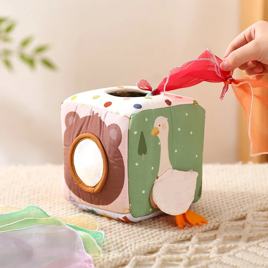 Montessori Baby Tissue Box Sensory Toy – Crinkle, Pull & Learn Play Cube - Jordilair