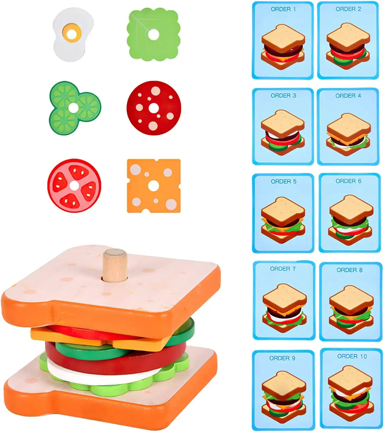 Montessori Burger or Sandwich Stacking Game – Wooden Food Sequencing Toy for Kids - Jordilair