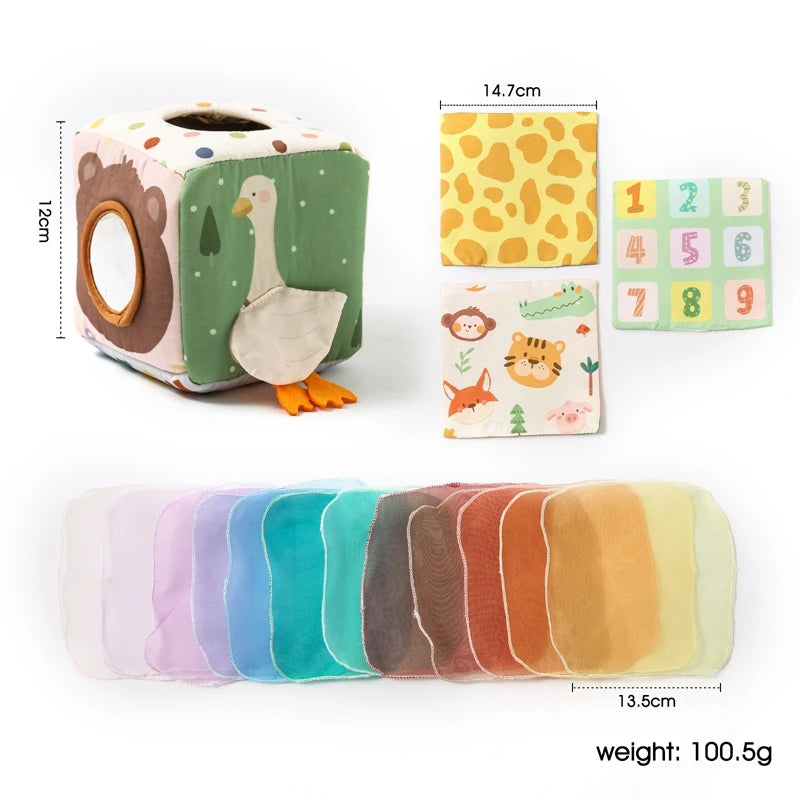 Montessori Baby Tissue Box Sensory Toy – Crinkle, Pull & Learn Play Cube - Jordilair