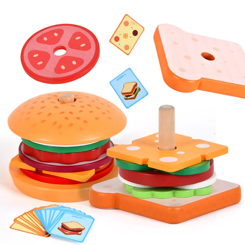 Montessori Burger or Sandwich Stacking Game – Wooden Food Sequencing Toy for Kids - Jordilair