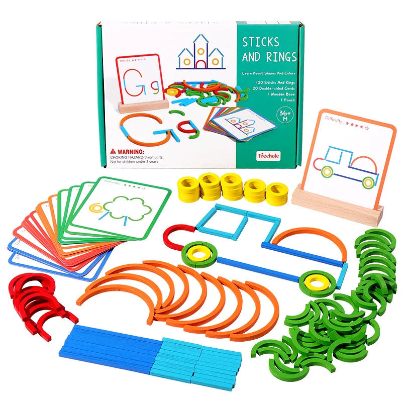 Wooden Shape Puzzle Game – 180pcs Rings & Sticks Creative Set - Jordilair